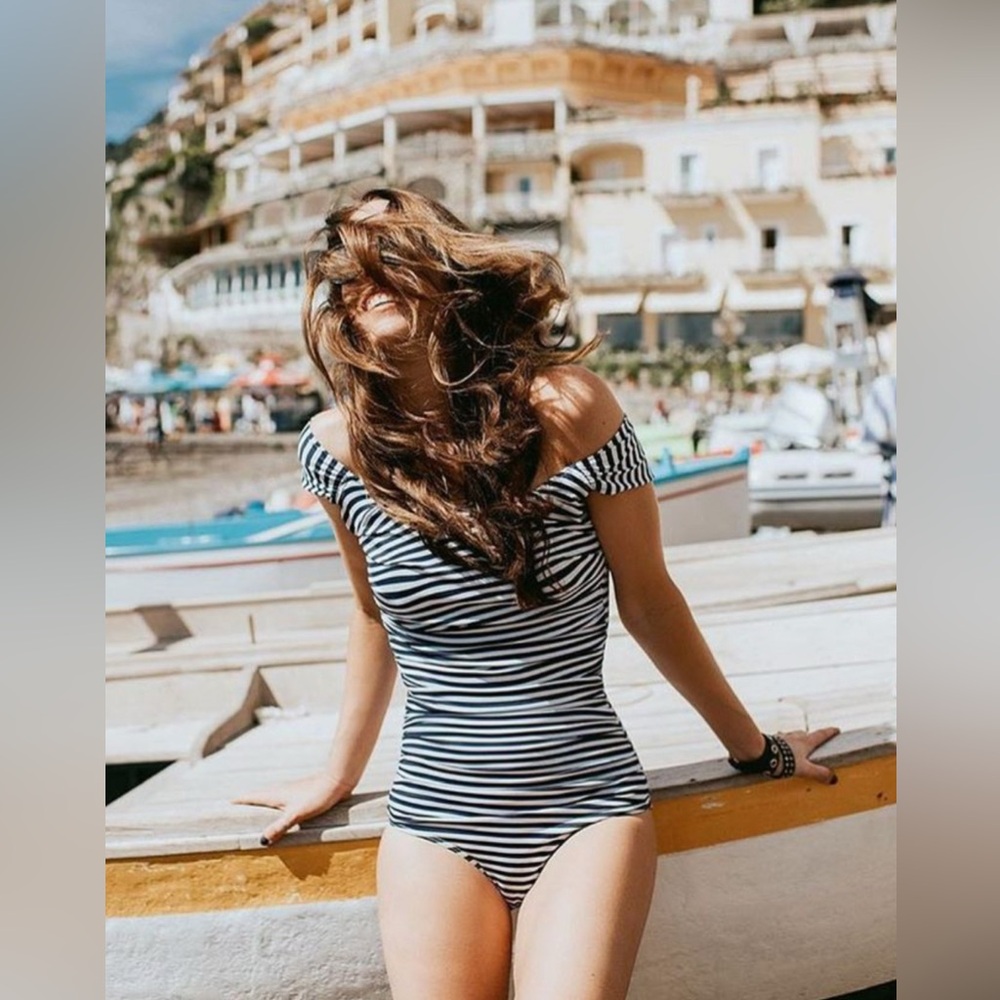 Albion Navy and White Off-Shoulder Striped One-Piece Swimsuit